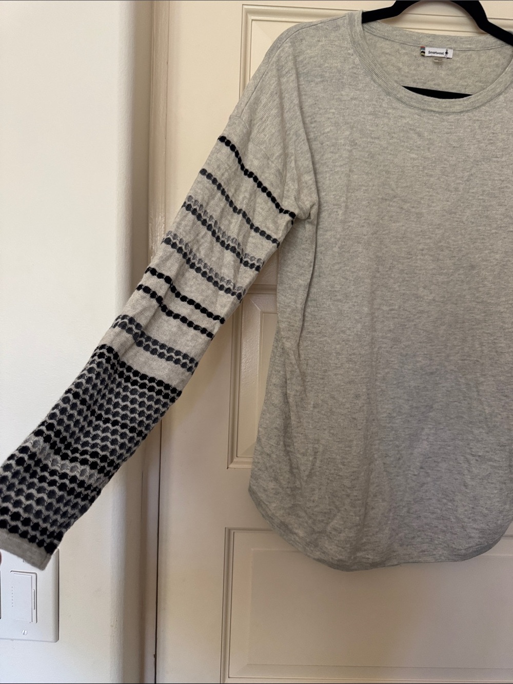 Smartwool Heather Gray Sweater with Navy Dot-Striped Sleeves - Picture 3 of 4
